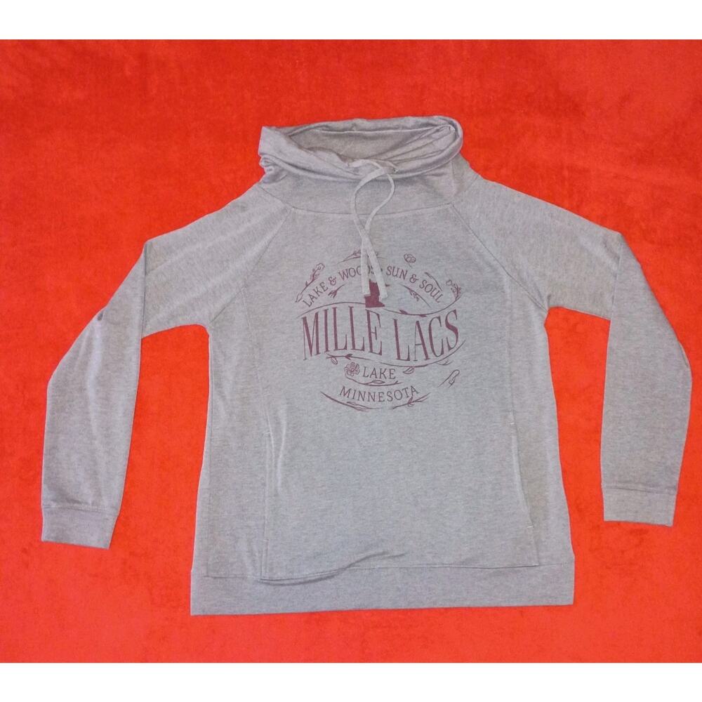 Lake Mille Lacs Minnesota Grey Cowl Neck Sweatshirt Funnel Neck Womens Size L